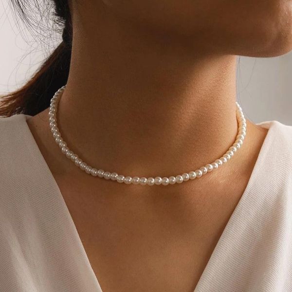 

chokers elegant white simulated pearls choker chain necklace for women trendy round pearl wedding simple charm jewelry collar, Golden;silver