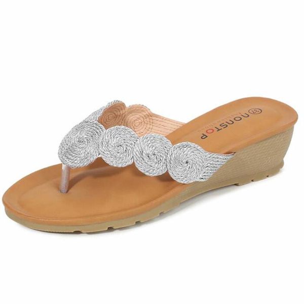 

fashion mid-heel sandals female electric embroidered gold silk line wedge ladies large size summer women's shoes qq406 slippers, Black