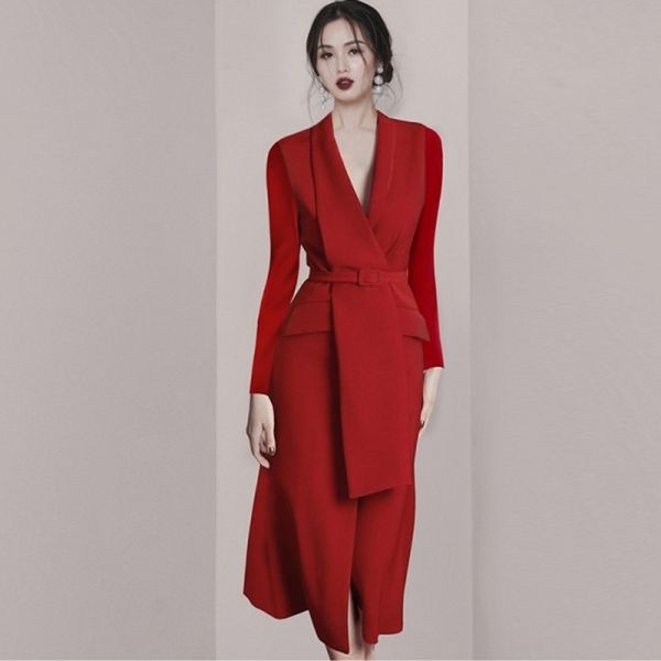 

runway designer office ol dress autumn women's long sleeves red black notched collar long dress elegant sashes party midi dress 210514, Black;gray