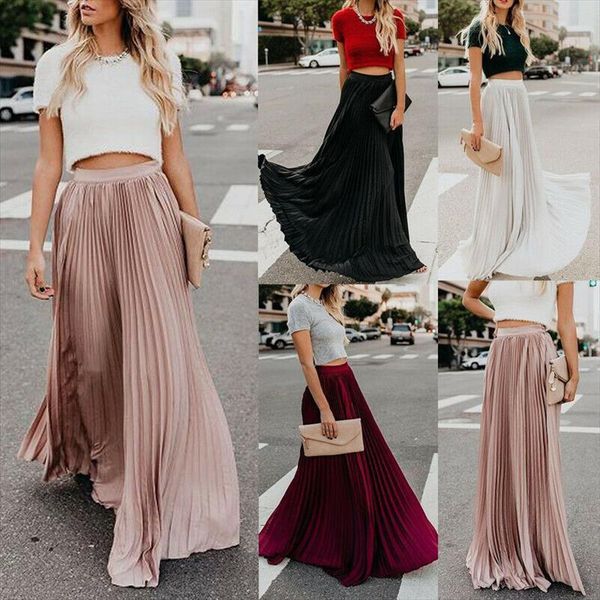 

chiffon pleated boho long women skirts maxi fashion retro stretch high waist streetwear, Black