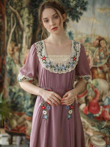 

casual dresses summer women original design vintage elegant midi sweet lace embroidery mori girl everyday long omighty urto, Black;gray