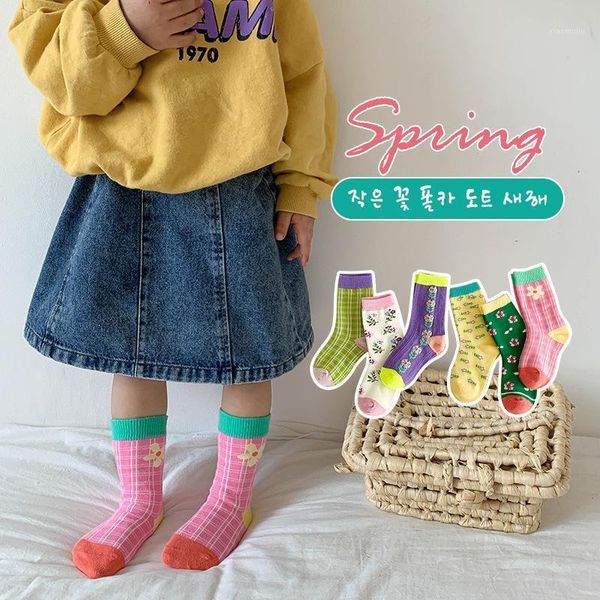 

socks children's knee high flower print wet 2021 spring floral stripe baby female cotton princess, Pink;yellow