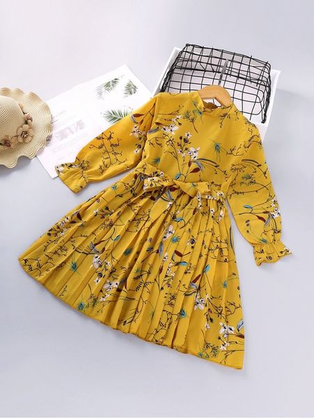 

toddler girls plants print belted pleated a-line dress she, Red;yellow