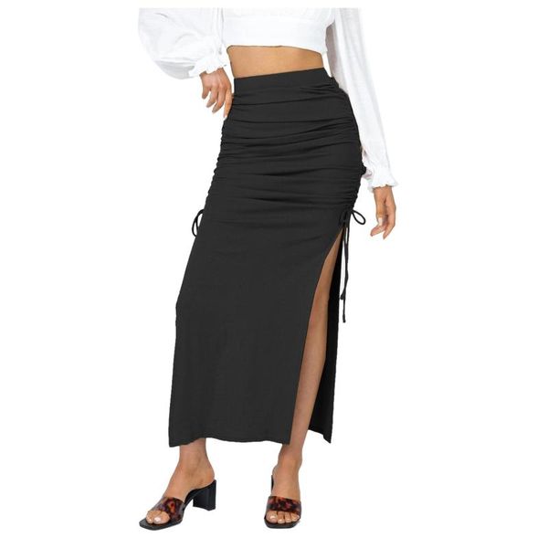 

skirts 2021 ruched solid chiffon split skirt casual fashion long for women spring autumn elegant female stretch slim, Black