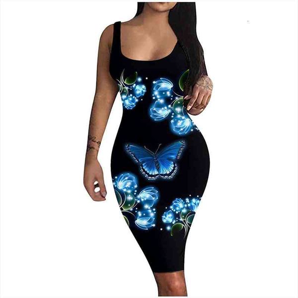 

nightclub dress fashion women butterfly pattern print o-neck tank dress sleeveless basic midi club, Black;gray