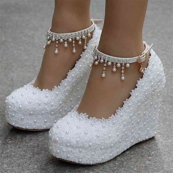 

crystal queen white wedges wedding pumps sweet flower lace pearl platform pump shoes bride dress high heels 210901, Black
