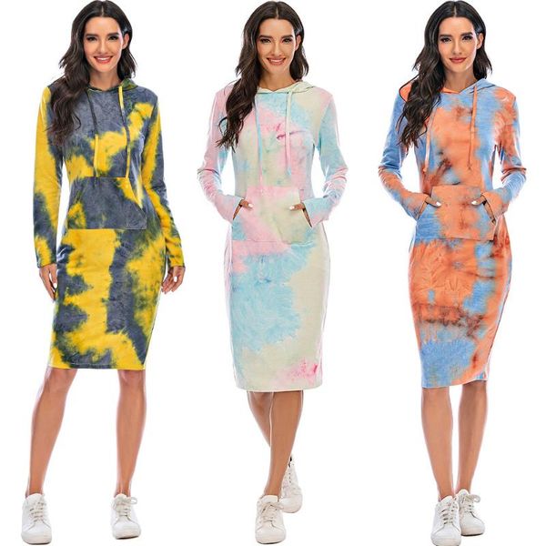

casual dresses autumn women's fashion long tie dyed hooded sleeve dress, Black;gray