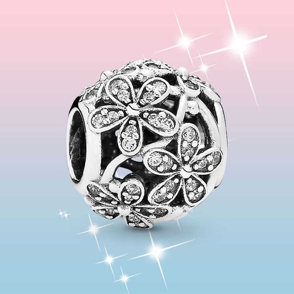 

925 sterling daisy flower bloom charms zircon cz beads fit original pandora bracelet silver 925 jewelry making, Bronze;silver