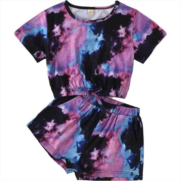 

summer kids girls suit set tie-dye print short sleeve pullover shorts purple clothes 4-9years, White