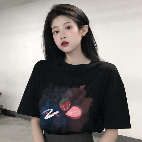

women's t-shirt round neck watercolor strawberry print short-sleeved summer style korean loose thin, White