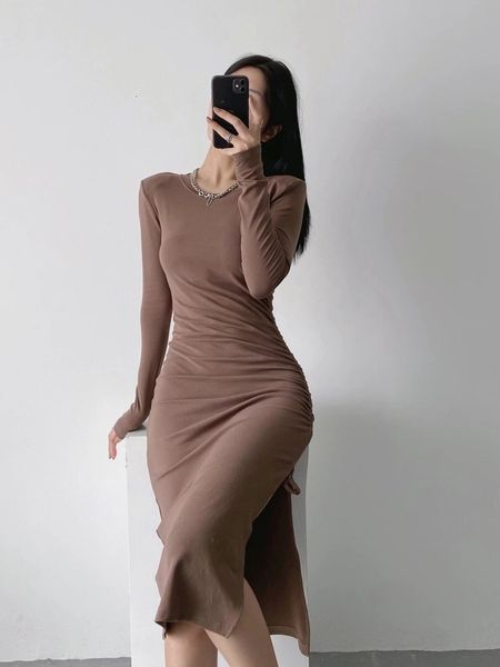 

autumn style round neck long sleeve personalized pleated split dress thin, medium over knee bottomed skirt, Black;gray