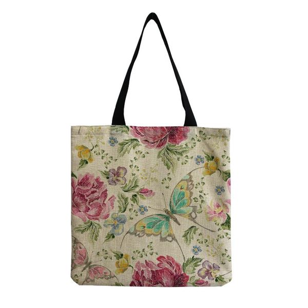

evening bags leisure style storage linen handbag color cartoon flower butterfly print book bag for girl large capacity reusable shoulder