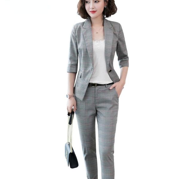 

women's two piece pants soft fabric women plaid pant suits 2021officer uniforms designs business work half sleeve blazer with set, White
