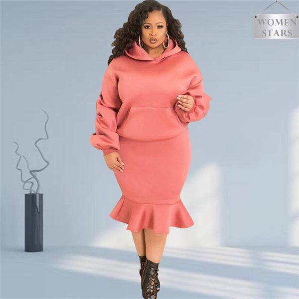 

plus size tracksuits two piece set women clothing sweatsuit long sleeve hoodie high waist maxi skirt sets winter wholesale drop, Black