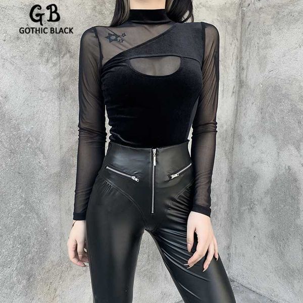 

women's t-shirt gothblack vintage mesh patchwork long sleeve slim tshirt women gothic hollow out solid bodycon fashion streetwear dark, White