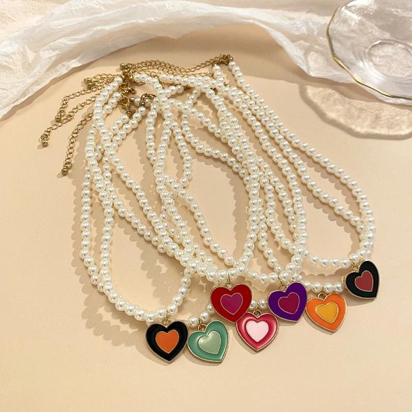 

pendant necklaces korean ins imitation pearl clavicle necklace round strand love heart for women girls vintage boho jewelry, Silver