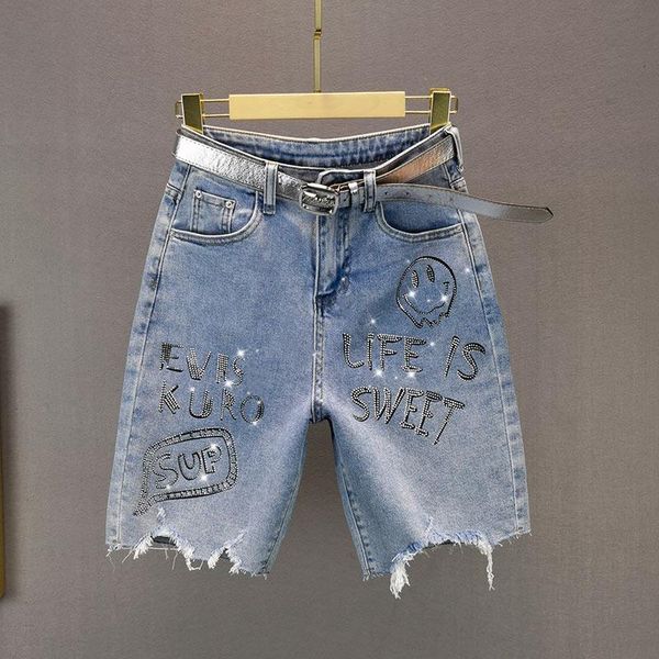 

women's jeans blue denim shorts breeches 2021 summer high waist loose-fitting european rhinestone frayed