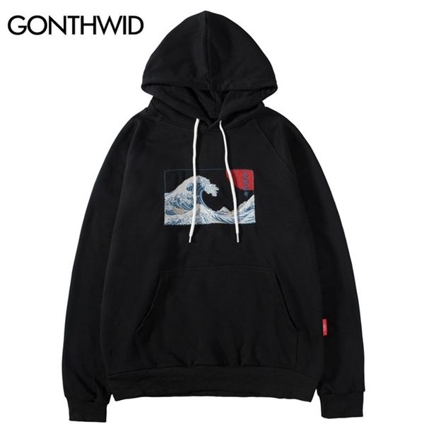 

gonthwid embroidered japanese ukiyo-e kanagawa surfing thin hoodies sweatshirts harajuku hip hop casual pullover hoodie 211116, Black