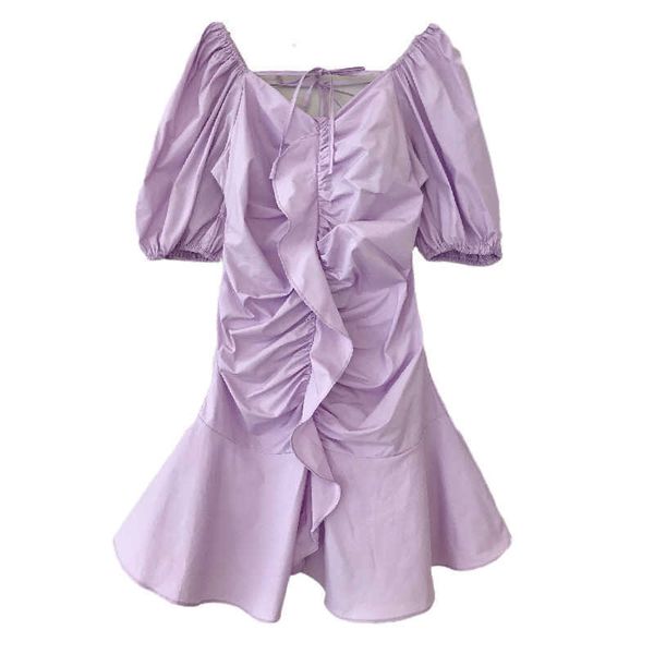 Talvez U Mulheres Roxo Branco V Neck Puff Manga Curta Strapless Ruffle Plissado Uma Linha Império Mini Vestido Doce Verão D2671 210529