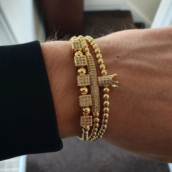 

3pcs/set 18k gold plated micro pave cz crown charm bracelets crystal cube beads bracelets zirconia tube rope bracelets set, Black
