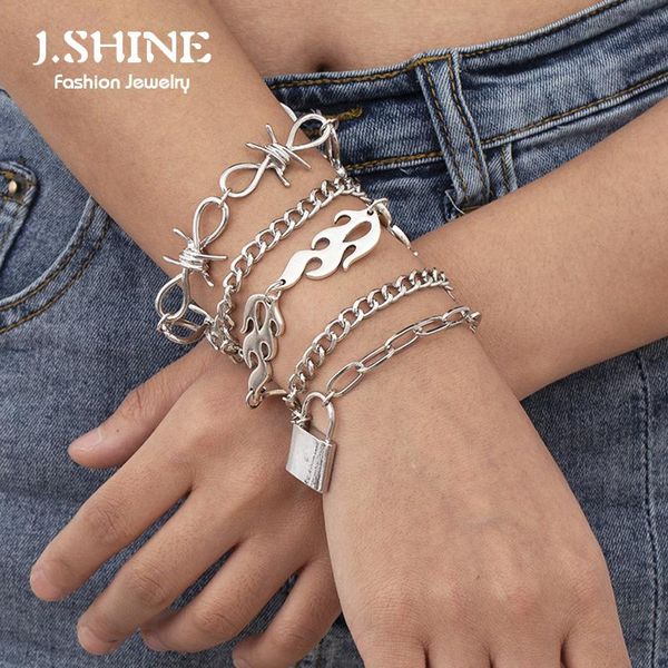 

charm bracelets jshine luxury punk lock pendant set for women men summer beach silver color metal flame bangle stackable hand jewelry, Golden;silver