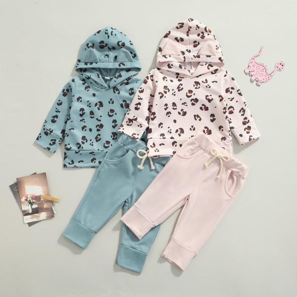 

clothing sets baby girl clothes suit casual and comfortable leopard print long-sleeved hooded + solid color trousers with pockets, White