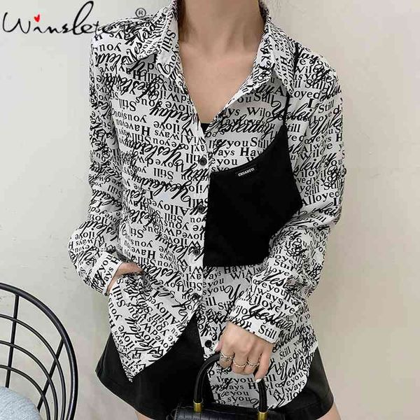 

women's blouses & shirts spring fall european style loose cotton blouse chic fake two pieces elegant women vintage print letter bu, White