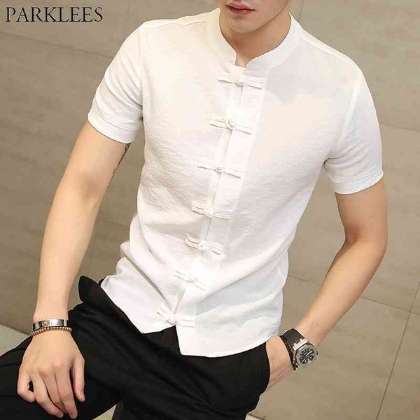 

men's chinese traditional linen cotton shirt tai chi kung fu mandarin collar frog-button shirts men slim fit casual tang shirt 210522, White;black
