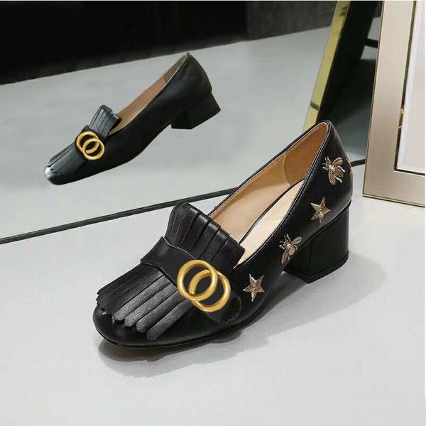 Clássico Mid Heeled Boat Shoe Designer Couro Salto Grosso Salto Alto 100% Couro Borlas Cabeça Redonda Botão De Metal Mulheres Vestido Sapatos Grande Tamanho 34-42 US4-US11