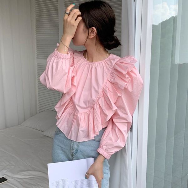 

dress color ruffled taillight stylish shirt released short spring pink autumn ed around neck feminine blouse, Black;gray