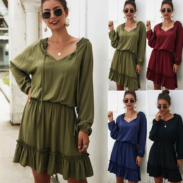 

casual dresses fashion women ruffles drawstring beach dress 2021 autumn female long sleeve v-neck patchwork mini vestidos, Black;gray
