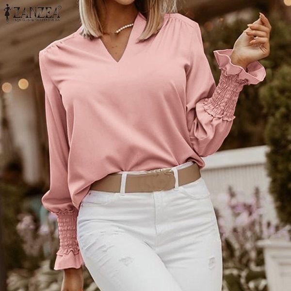 

women's blouses & shirts zanzea autumn long lantern sleeve shirt women fashion v neck solid ol blouse casual ruffles work blusas female, White