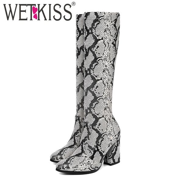 

boots wetkiss snake skin pu women stretch colorful boot female round toe knee high shoes ladies heels winter, Black