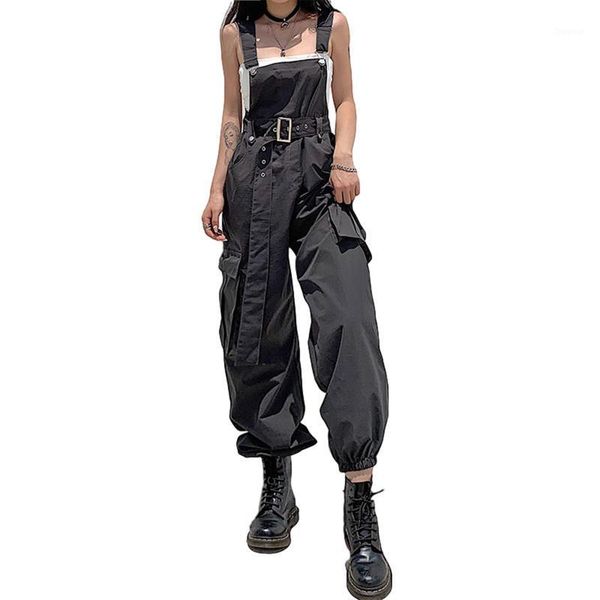 

women cargo pants overalls solid pockets belt buckle baggy street punk moto biker fashion casual trousers jumpsuit streetwear women's &, Black;white