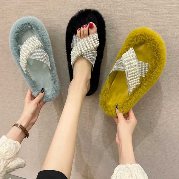 

furry slippers for women plush female warm slipper casual slip on fluffy women's indoor floor slides faux fur flats ladies shoes p0828, Black