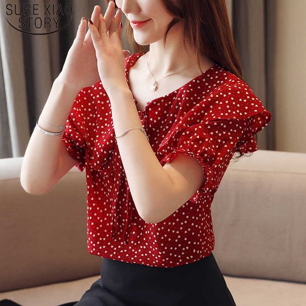 

summer round tie short sleeve print office lady women blouse chiffon blouse o-neck puff sleeve ladies 5239 50 210527, White