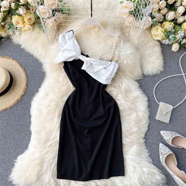 

women fashion single shoulder pearl sleeveless bow high waist slimming black dress vestidos n165 210527, Black;gray