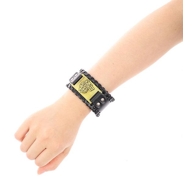 

bangle 1pc punk men wide nordic viking designer charm wolf head bracelet leather weave adjustable wristband jewelry, Black