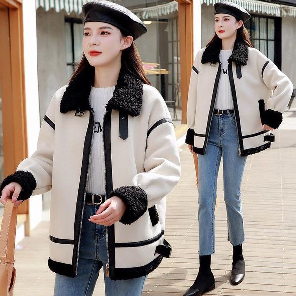 

women's fur & faux women 2021 winter thick warm leather jacket coat female long-sleeved casual jackets ladies lamb wool outwear d423, Black