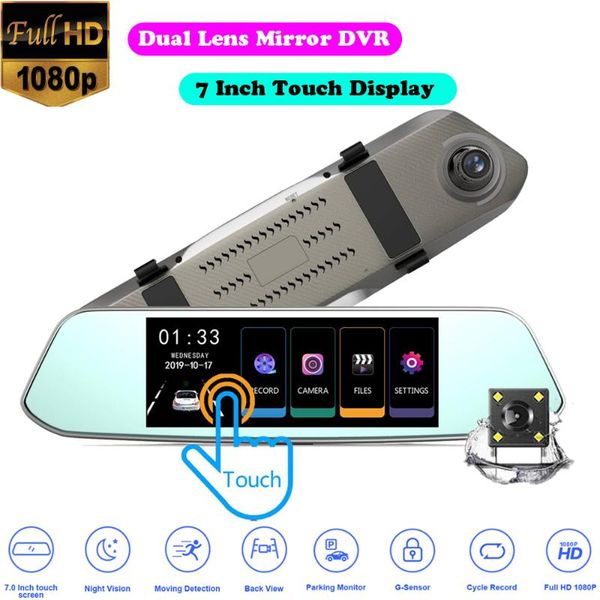 

7" ips touch display car dvr mirror camera video recorder dual lens full hd 1080p dash cam 170 degree wdr with rear view dashcam dvrs
