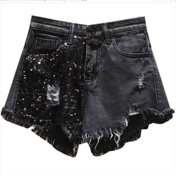 

plus size 5xl summer arrival womens short high waist solid color denim hole sequined spliced casual loose shorts jeans, White;black