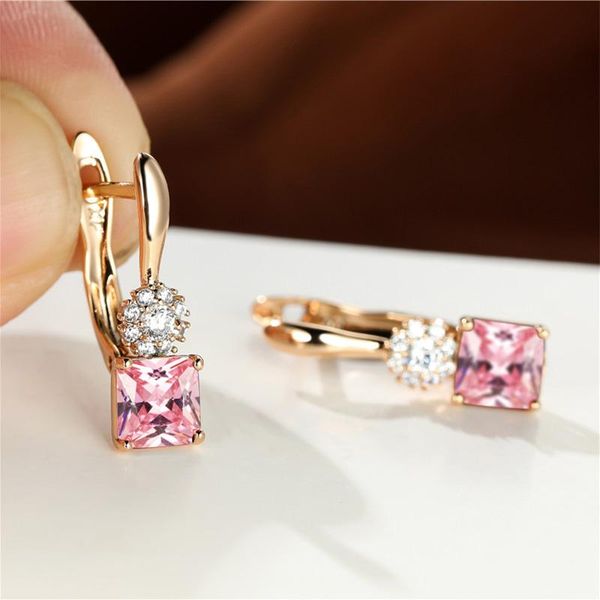 

hoop & huggie small square stone rainbow zircon earrings dainty rose gold color wedding female luxury crystal for women, Golden;silver