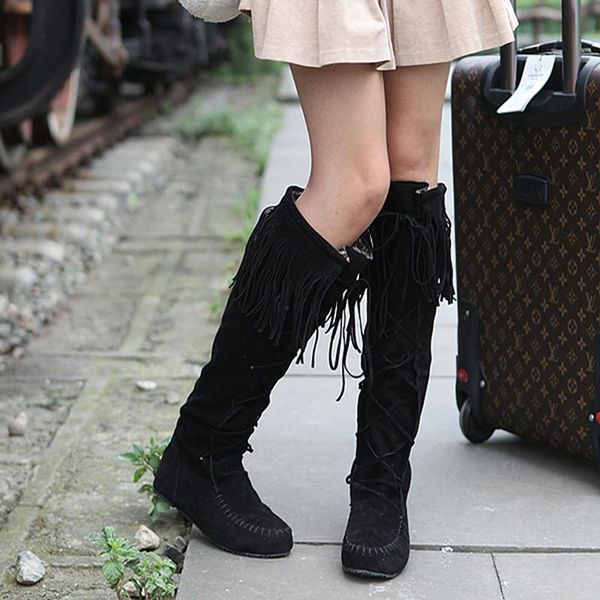 

boots women's autumn fringe bohemian knee high boot slip on round toe cross solid color female all-match shoes, Black