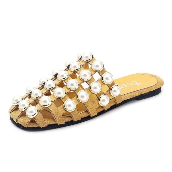 

slippers summer solid color pearl fashion versatile casual sandals with flat heels for women home, Black