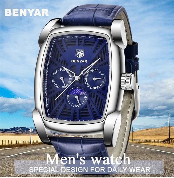 

wristwatches benyar 5153 men luxury business true leather moon phased waterproof quartz men's watches relogio masculino, Slivery;brown