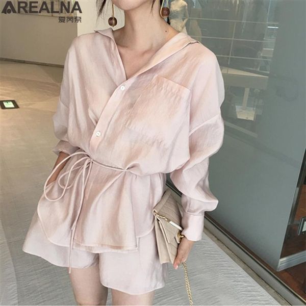 

sweet summer two piece set women blouse +shorts suits lace up ice silk smooth casual solid office lady fashion women's sets dress, White