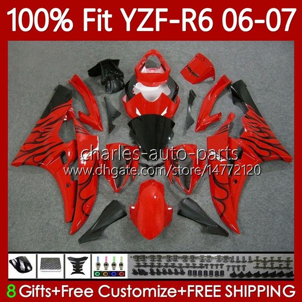 100% Fit OEM Codework для Yamaha Moto YZF-R6 YZF600 YZF R 6 600 CC 2006-2007 Body 98NO.43 YZF R6 600CC YZFR6 RED BLK FLAMES 06 07 YZF-600 2006 2007 Комплект впрыска.