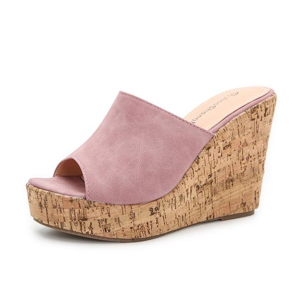

wedge pu peep toe high heels slippers summer fashion slip on slides women party shoes plus size platform sandalias, Black