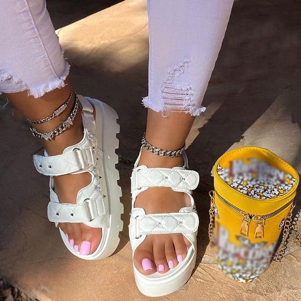 

sandals women's 2021 thick bottom hook loop summer platform ladies shoes solid color fashion pu female plus size ankle strap, Black