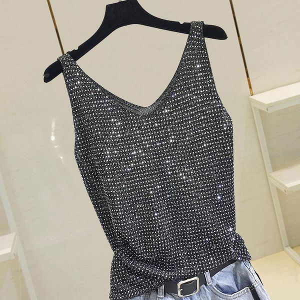 Débardeurs femme Camis strass tricot bas chemise sans manches brillant soie gilet hauts pour femmes 2022